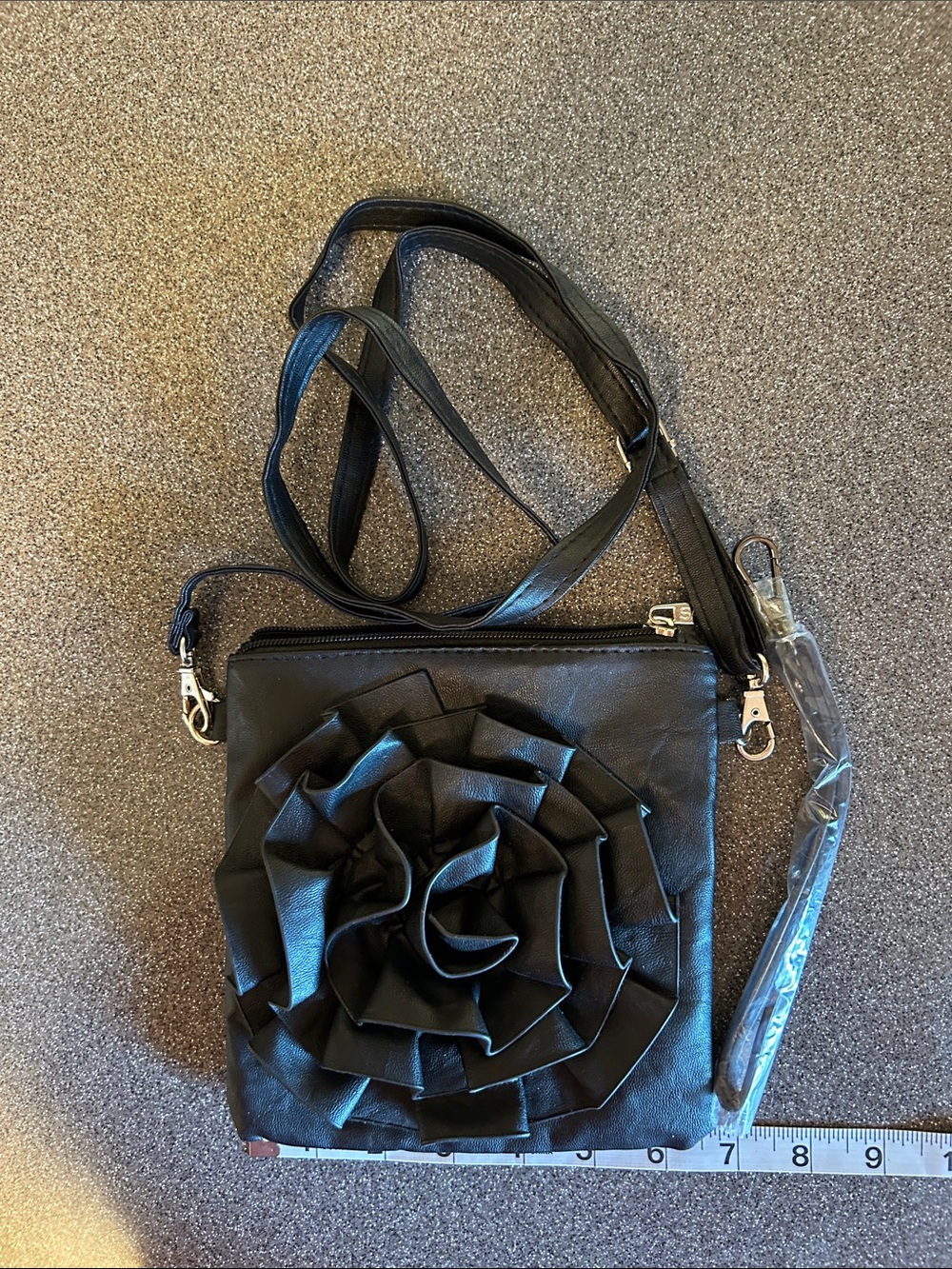 Ladies Black Rose Applique Crossbody Shoulder Bag